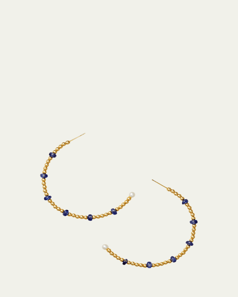 18K Yellow Gold Flora Blue Sapphire and Pearl Bead Hoop Earrings